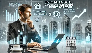 A modern and professional image of an investor analyzing real estate crowdfunding options on a laptop or smartphone, with futuristic skyscrapers, digital financial graphs, and a decision-making chart in the background.