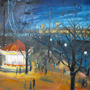 Carousel at Night, London Embankment (Oil on linen, 32 x 32) (carousel at night london embankment )