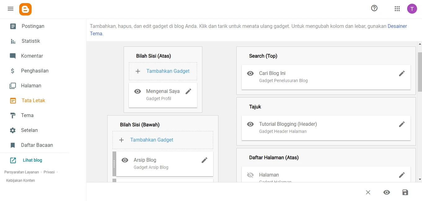 fungsi menu layout blogger