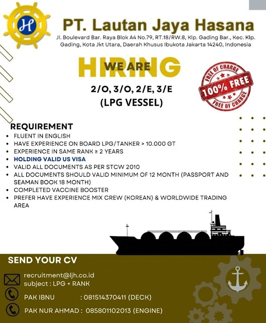 Hiring for 2/O, 3/O, 2/E, 3/E LPG Vessel Bulan Oktober 2024