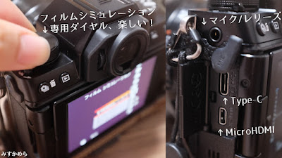 X-S10フィルムシミュレーション設定ダイヤル・各種端子