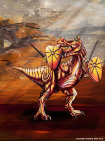 A t-rex with two shields and two swords and armor in a desert wasteland