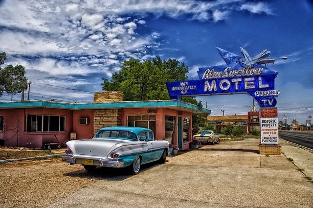 Roadside motel with classic car