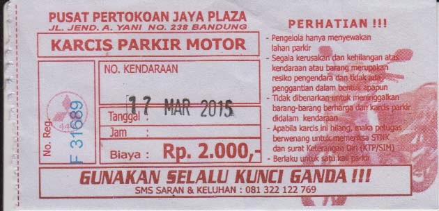 Waskita Adijarto Karcis Parkir  Motor Jaya Plaza Bandung
