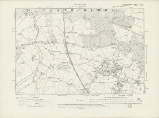 The south-east of North Mymms on the OS for 1919