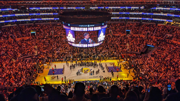 A snapshot of Pau Gasol's jersey-retirement ceremony during halftime of the Los Angeles Lakers-Memphis Grizzlies game at Crypto.com Arena...on March 7, 2023.