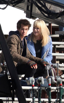 Andrew Garfield and Emma Stone on the set of 