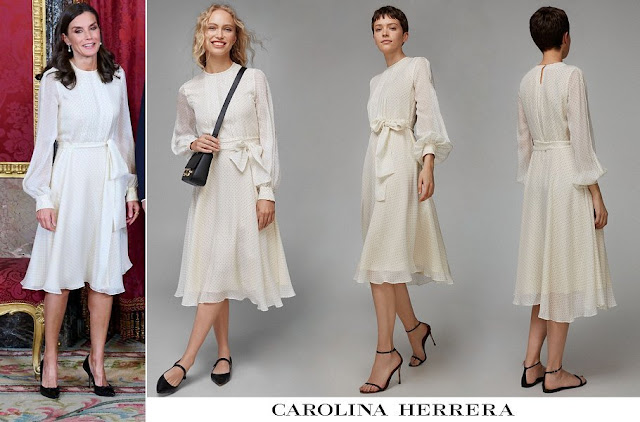 Queen Letizia wore Carolina Herrera Dots Style Chiffon Silk Dress