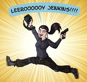 Micheline, is wearing her tactical, Hellsing gear and has her hair pulled back in a ponytail. She’s leaping in the air, brandishing a gun in one hand, and a camera in the other while gleefully shouting “Leerrooooy Jenkins!!!!”