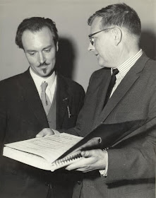 Ronald Stevenson and Dmitri Shostakovich with the score of Ronald Stevenson's Passacaglia on DSCH