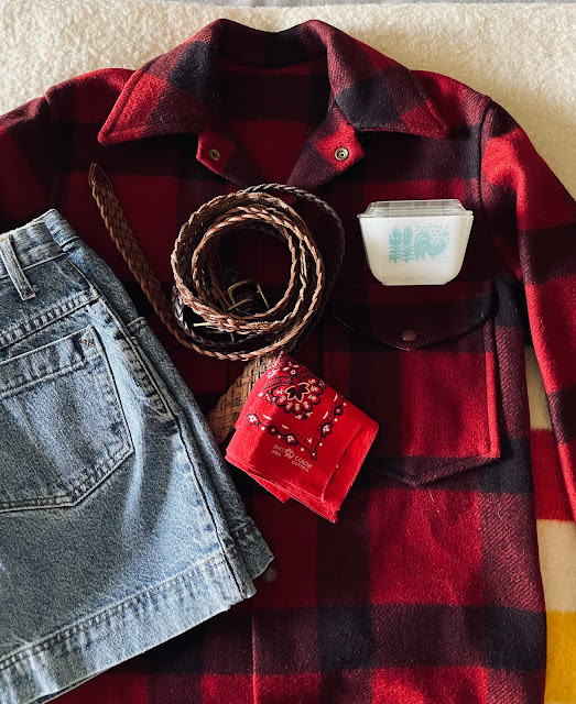 A flatlay image of thrifted finds like vintage jac-shirt and pyred