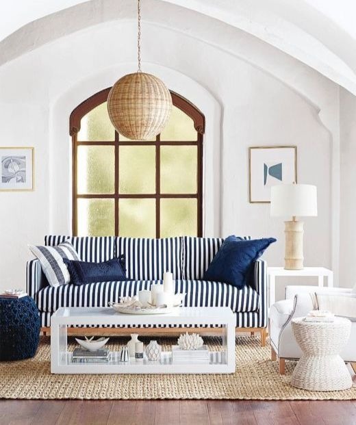 Navy Blue Stripe Sofa Idea for Nautical Living Room Decor