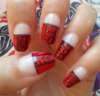 shellac nail design, Bluesky, Wildfire, glitter, Black Pool, Romantique, red and black nail art