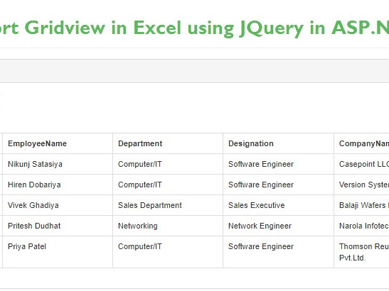 Export Gridview in Excel using JQuery in ASP.NET Web Forms