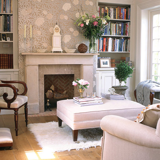 Cottage Living Room with Fireplace