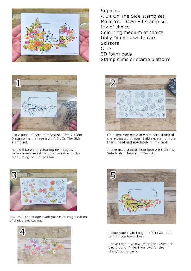 Step-by-step instructions for making the 'Like a flower you bring colour to my world' card. The image shows a supplies list and five numbered steps with accompanying photos demonstrating how to stamp, color, and layer the card elements.