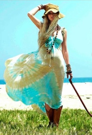 Gypsy 05 Alex Silk Tie-Dye Long Maxi Dress in Aqua Brown