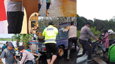 Personil Polres Pelalawan Berjibaku Bersama Masyarakat Pasca Banjir 