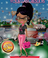 Avatar dressed for 1950s fashion theme Fun Fair. She's wearing cat-eye glasses, ponytail, star earrings, pink lady polo shirt, pink capri pants, fingerless gloves, studded bracelet with a pink kitty handbag.