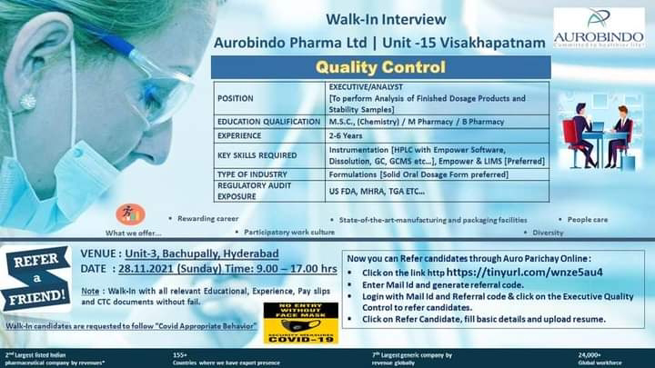 Job Availables,Aurobindo Pharma Ltd Walk-In-Interview For B.Pharm/ M.Pharm/ MSc Chemistry