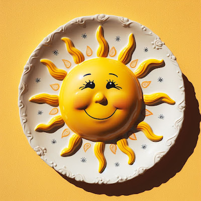 happy face sun ceramic plate on yellow wall
