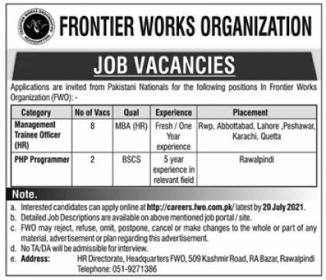 Frontier Works Organization FWO Jobs 2021 – Careers.fwo.com.pk