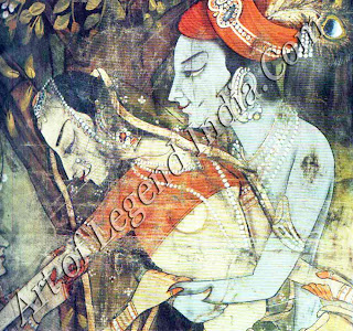 Krishna and one of the cowgirls in their ecstatic dance of love. The idea of union with the divine through sexual ecstasy is especially fostered by the mythology of Krishna, portraying the physical manifestation of worship through bhakti or devotion. Detail of cloth painting. Rajasthan, nineteenth century. 