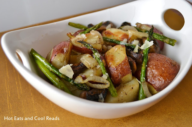 Comfort food that's so hearty and delicious! Perfect addition to any holiday meal! Roasted Potatoes, Mushrooms, Onions and Asparagus Recipe from Hot Eats and Cool Reads