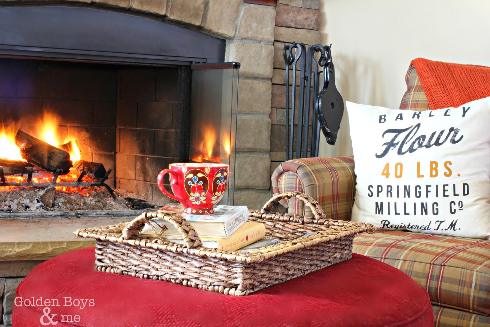 Basket on ottoman in front of fireplace-www.goldenboysandme.com