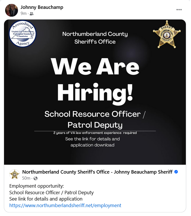 Northumberland County Sheriff's Office: We are hiring School Resource Officer / Patrol Deputy / Employment opportunity: School Resource Officer / Patrol Deputy, See link for details and application, https://www.northumberlandsheriff.net/employment