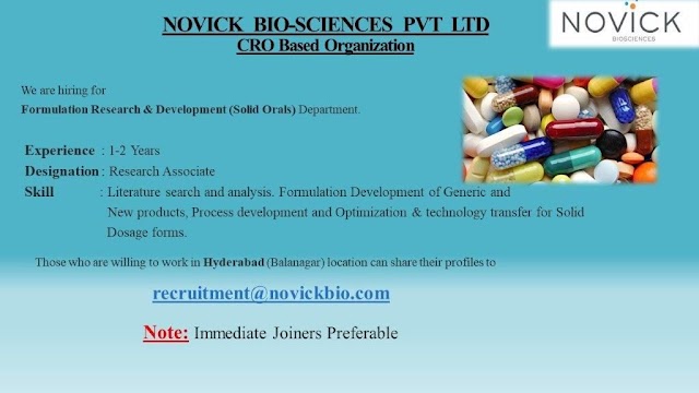 Novick Bio Sciences | Urgently Opening for Formulation Research & Development ( Solid Orals ) | | Send CV