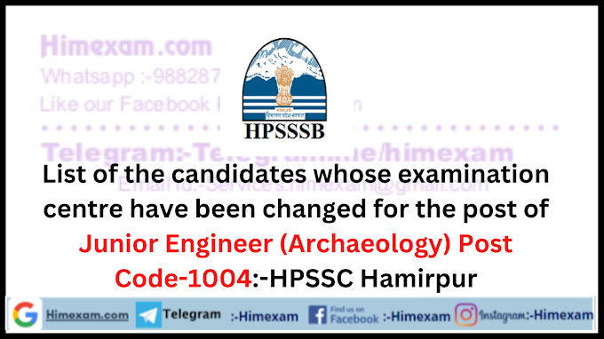 List of the candidates whose examination centre have been changed for the post of JE (Archaeology) Post Code-1004:-HPSSC Hamirpur