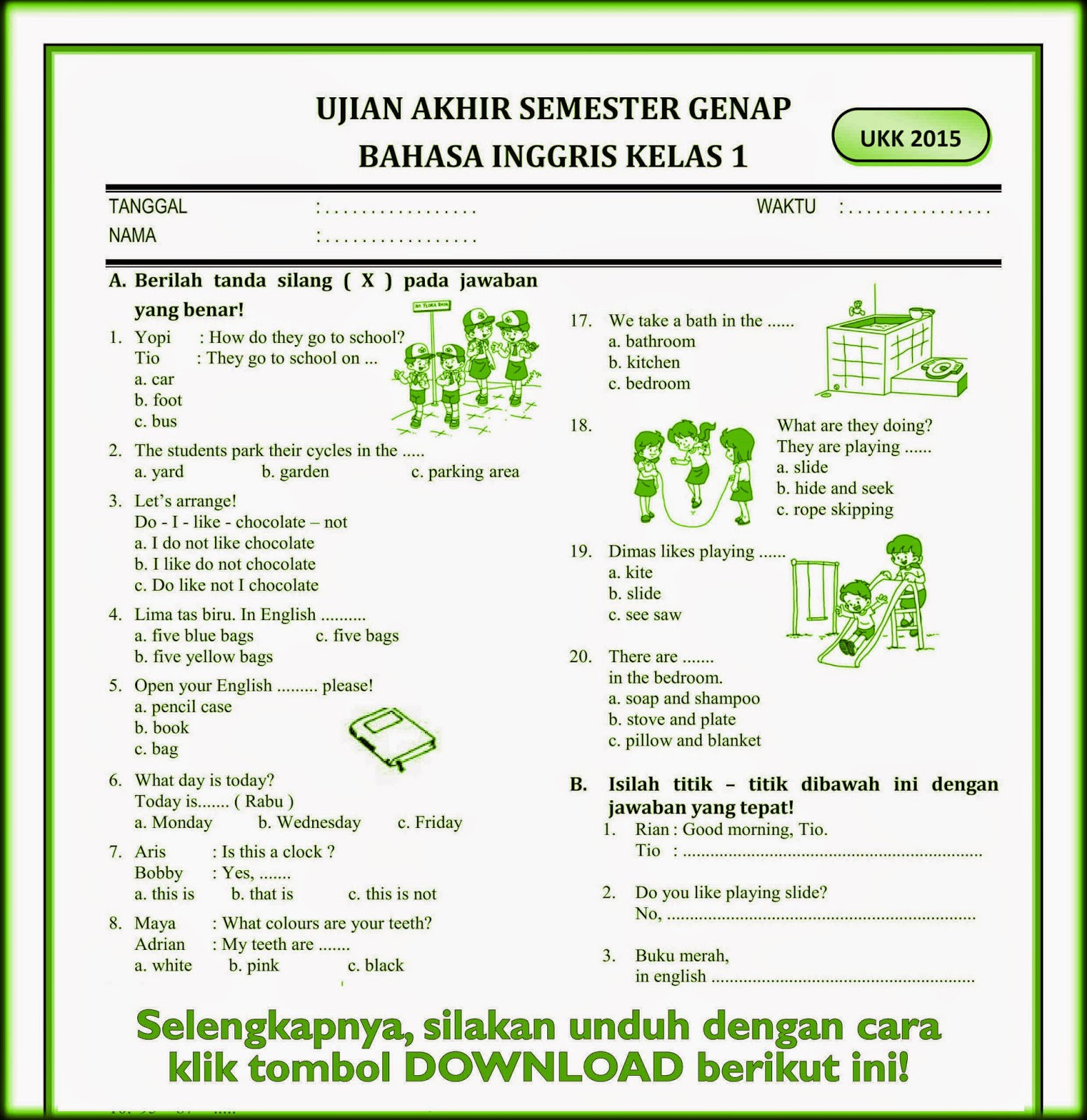 Download Soal UKK Bahasa Inggris Kelas 1 SD Semester Genap Rief Awa Blog