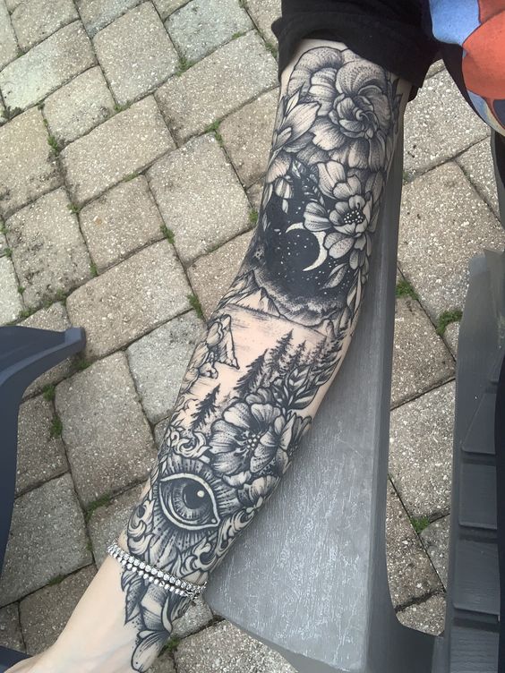 Black and White Sleeve Traditional Tattoos