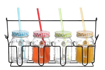 Mason Jars With Lids And Straws Set Of 4 Glass 16oz Mugs with Handles in Caddy Holder with Handle, Home and Party Drinkware Set, Blue Red Green Yellow Gingham Lids