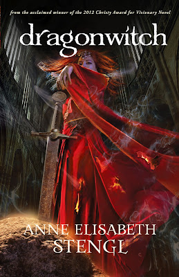 cover of Dragonwitch by Anne Elisabeth Stengl has a woman in a smoldering red dress reaching for a sword