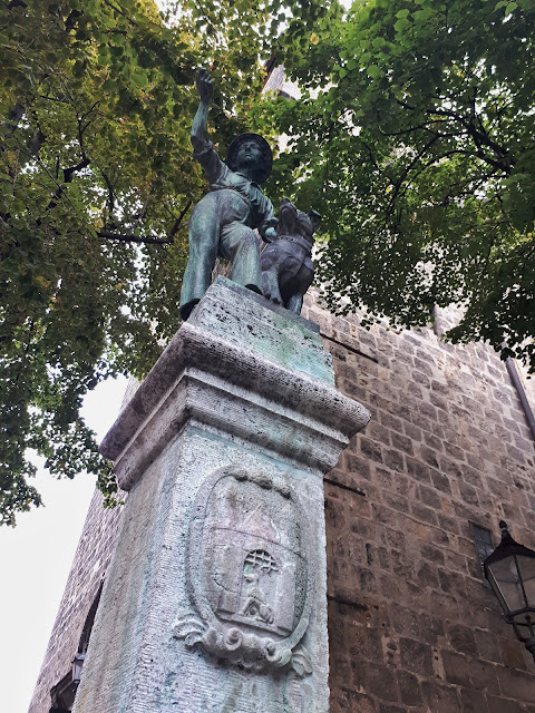 a boy and his dog on the top of the St. Blasii church fountain