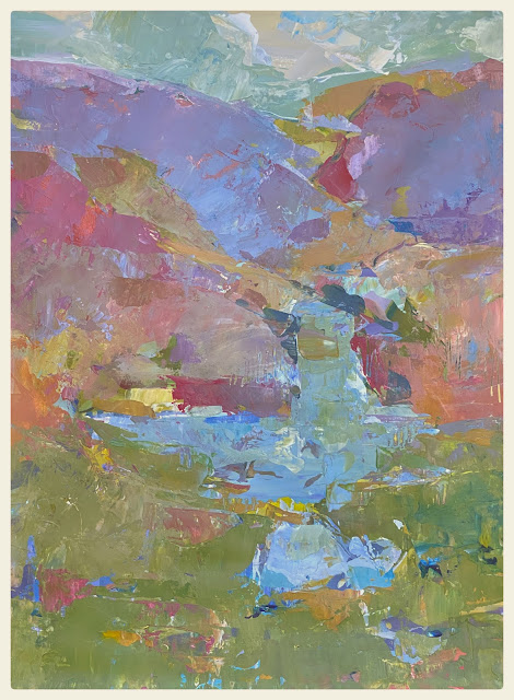 A dream like pastel hued painting of summer hills and hazy skies by artist Karri Allrich