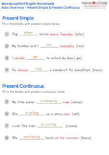 MamaLovePrint . Grade 1 English Worksheets . Basic Grammar (Present Simple and Present Continuous) PDF Free Download with Answers