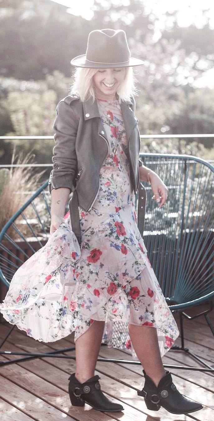 cute boho chic outfit: hat + jacket + dress