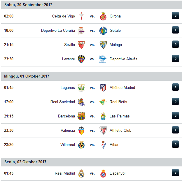 Jadwal Liga Spanyol Musim 2017/2018 Minggu Ke 7