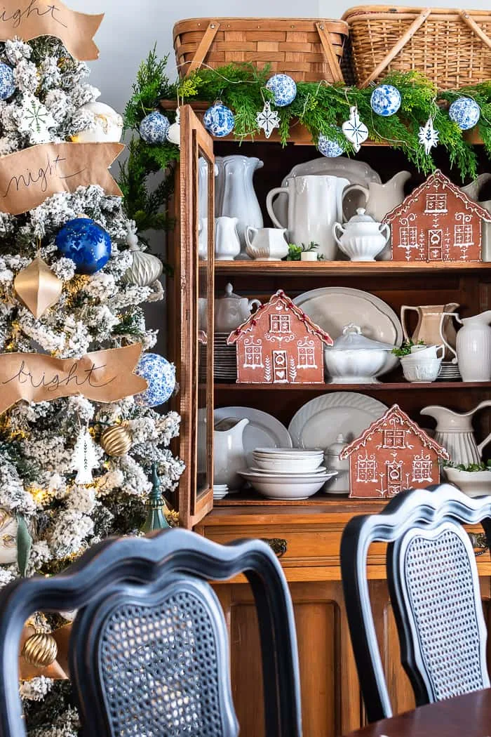 blue and white ornaments, Christmas tree, pine hutch, ironstone, gingerbread houses