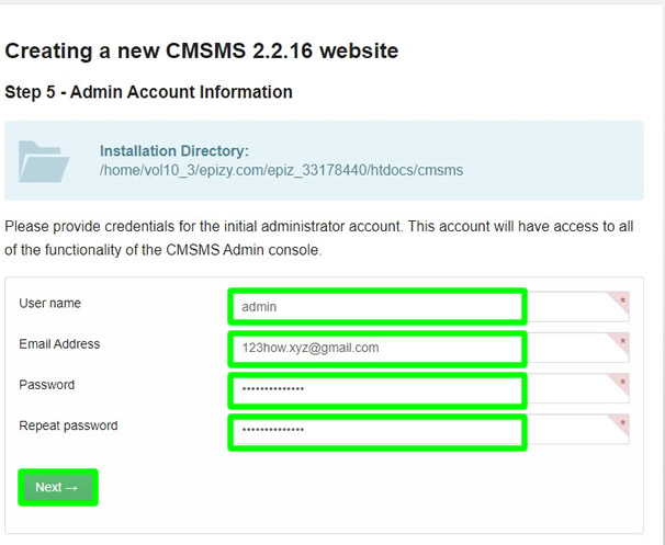 cmsms installation admin account information