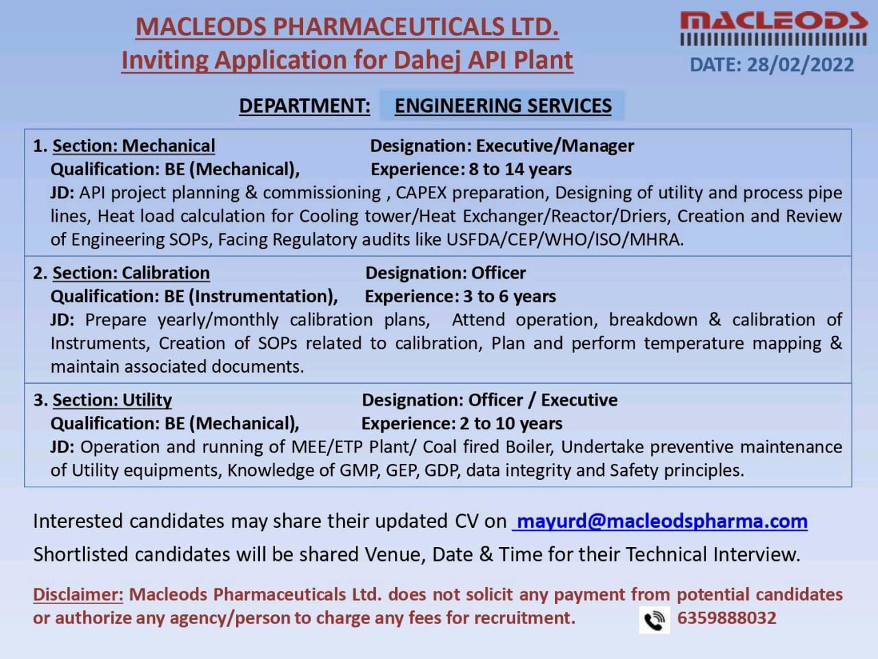 Job Availables,Macleods Pharmaceuticals Ltd. Job Vacancy For BE Mechanical/ BE Instrumentation