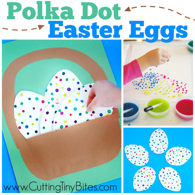 Polka Dot Easter Eggs- Fine motor kids craft for Easter.  Cute eyedropper eggs in a little paper basket.  Good activity for toddlers or preschoolers.