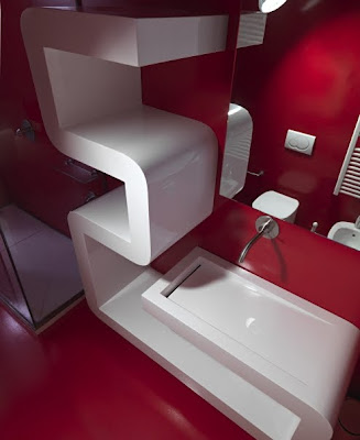 Futuristic Apartment with Red White Interior  by Romolo Stanco