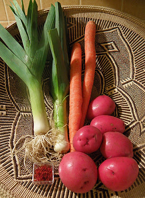 Basket of Red Potatoes, Carrots, Leeks, and Saffron