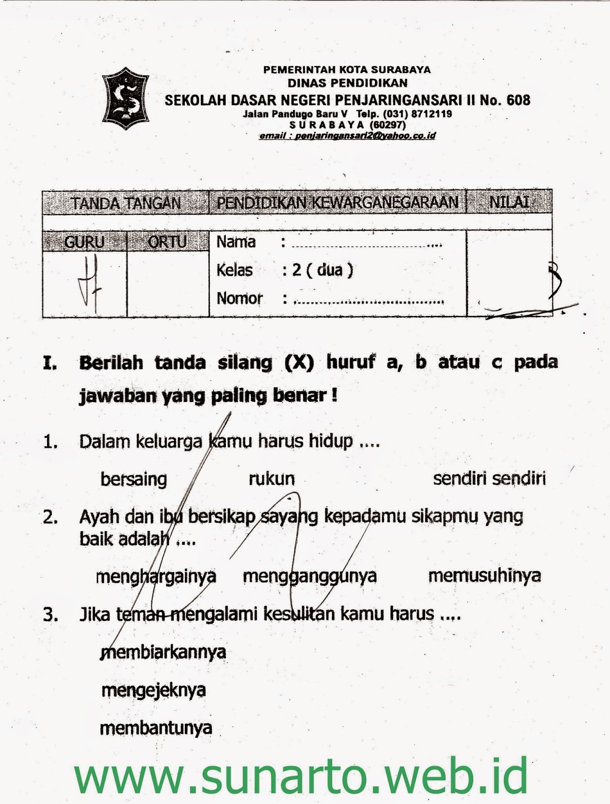 Ulangan Harian Semester Ganjil PKN Kelas 2 SD TA 2014 2015 Kurikulum 2013