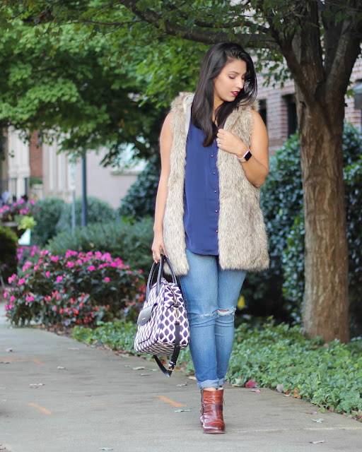 faux fur, faux fur vest, navy blouse, vera bradley, vera bradley ikat bowler, apple watch, destroyed jeans, freebird bolo boots, kat von d liquid lipstick vampira