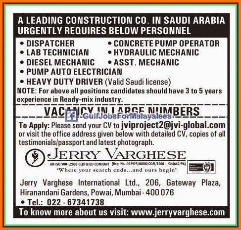 Leading Construction Co in Saudi Arabia Job Vacancies 